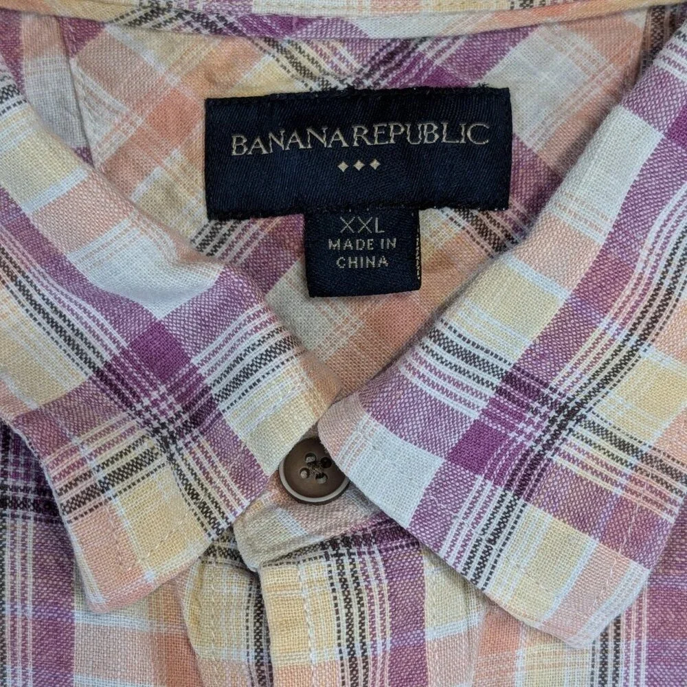 Banana‎ Republic XXL Linen Cotton Plaid Short Sleeve Button Up Shirt